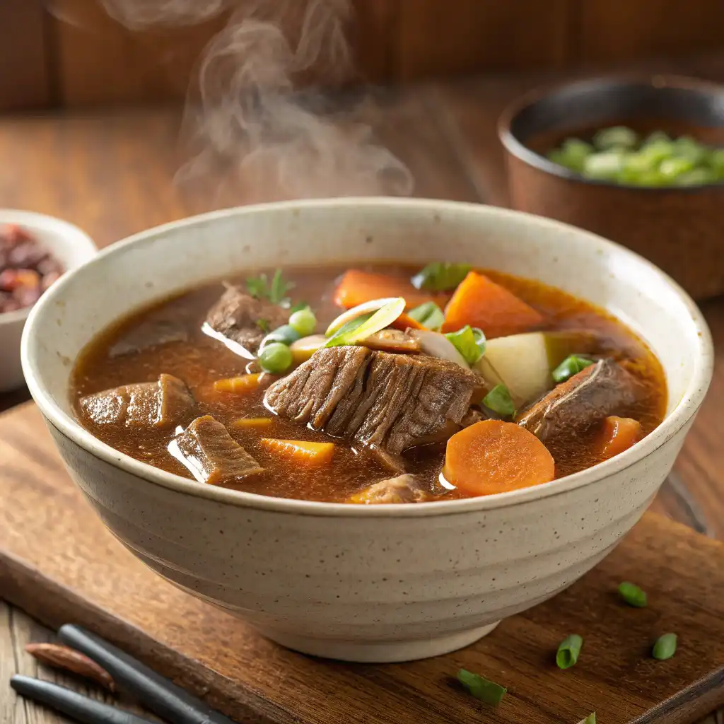 Rich, simmering homemade bone broth with vegetables and herbs in a large pot.