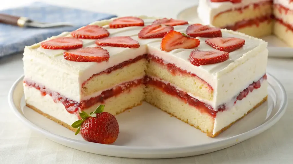 Moist and fluffy strawberry sheet cake topped with creamy frosting and fresh strawberries.