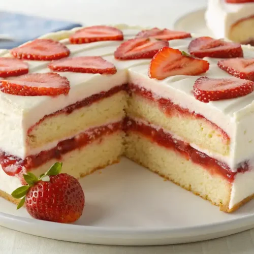 Moist and fluffy strawberry sheet cake topped with creamy frosting and fresh strawberries.