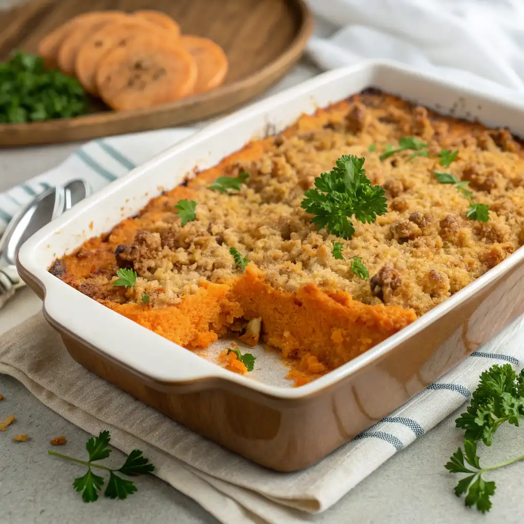 A freshly baked Sweet Potato Crunch with a golden pecan topping in a serving dish.