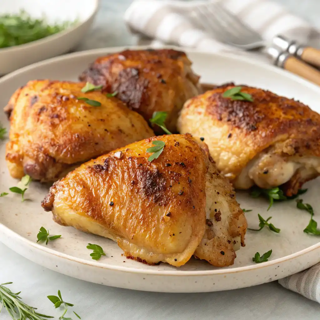 Golden-brown baked chicken thighs with crispy skin and a side of vegetables.