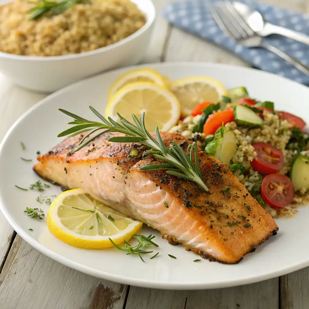 Grilled lemon herb salmon fillet with fresh lemon slices and herbs, served with quinoa and roasted vegetables.