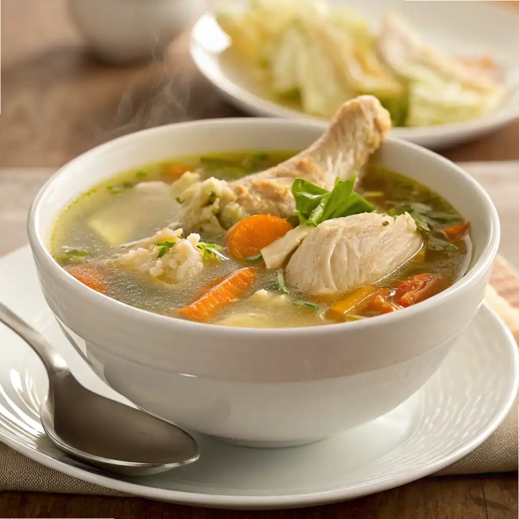 Homemade chicken bone broth simmering with chicken soup bones, vegetables, and herbs in a pot.