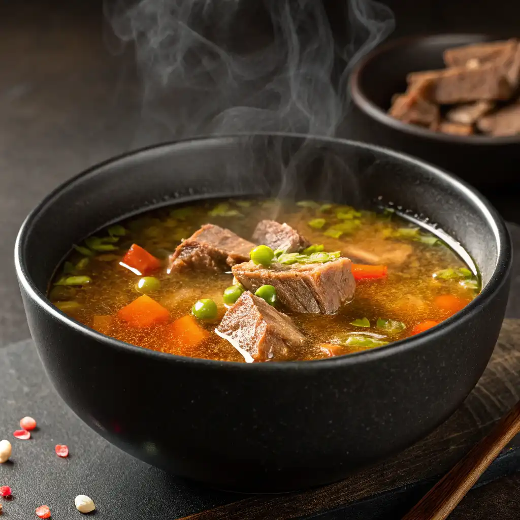 Homemade bone broth simmering with soup bones, vegetables, and herbs in a large pot.