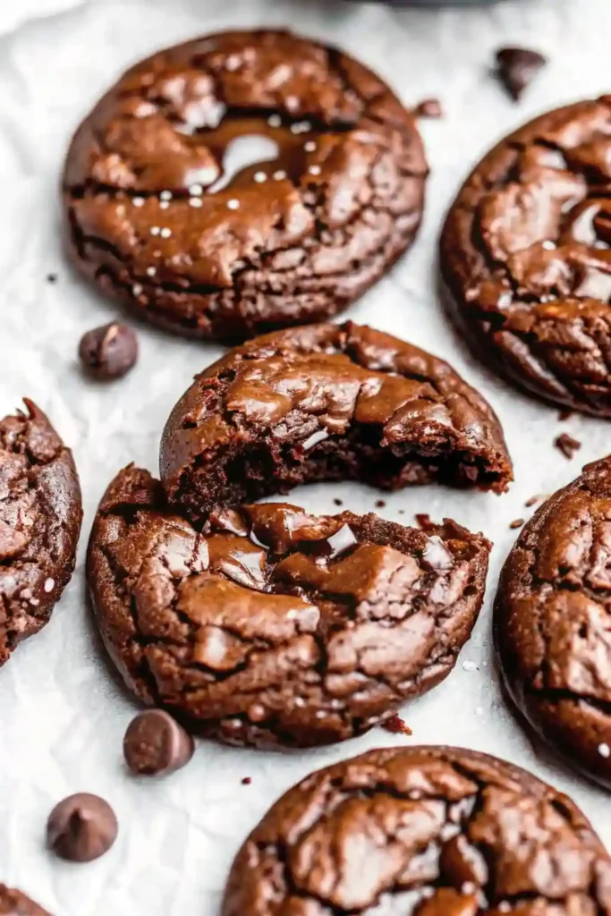 Close-up of chewy fudgy brookies — rich chocolate cookies with a glossy, crackled top, gooey chocolate chunks, and a sprinkle of sea salt on parchment paper.